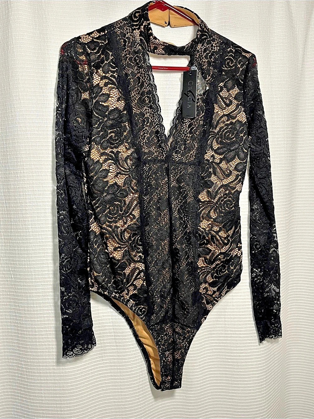 Gracia Floral Lace Bodysuit Black & Brown Large NWT